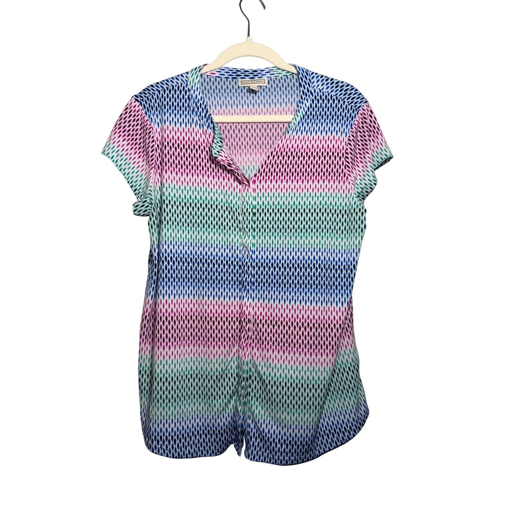 Dana‎ Buchman Womens Large Multicolor Geometric Diamond Button Front Blouse Top